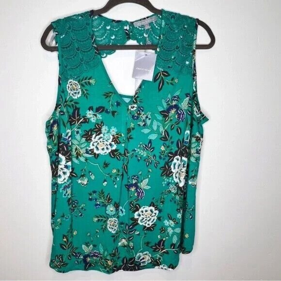 Daniel Rainn Green Floral Knit Blouse Crotchet Detail Women's Plus Size 2X, NEW - Picture 1 of 7